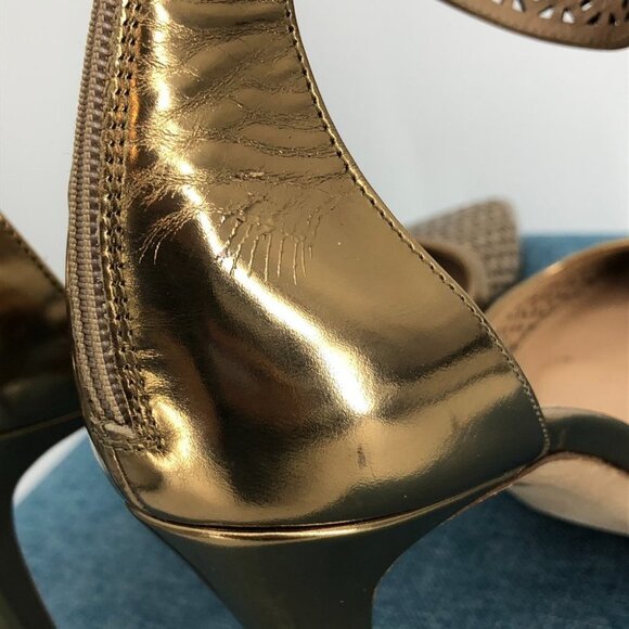 J.Crew Gold Perforated Pointed Toe Ankle Strap Natasha Mirror Metallic Heels 7 - Picture 12 of 15